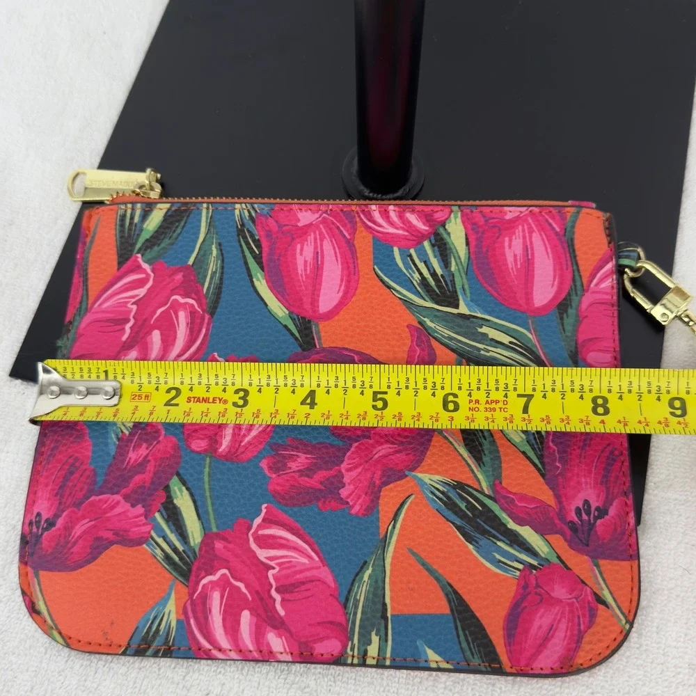 Steve Madden Floral Tulip Print Wristlet Clutch Bag Pink Orange Blue Gold Zip